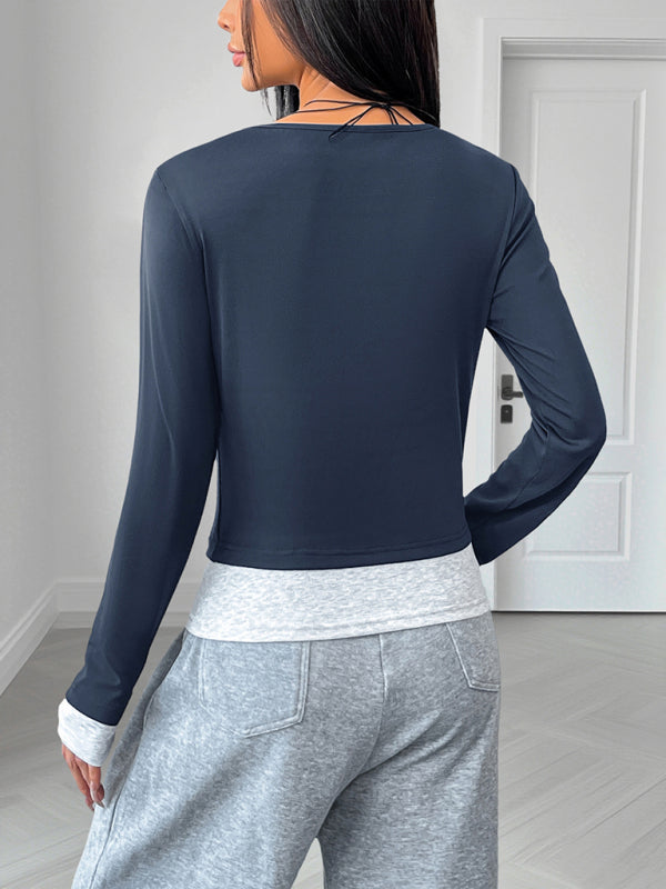 Slim Fit Colorblock Round Neck Long Sleeve Top