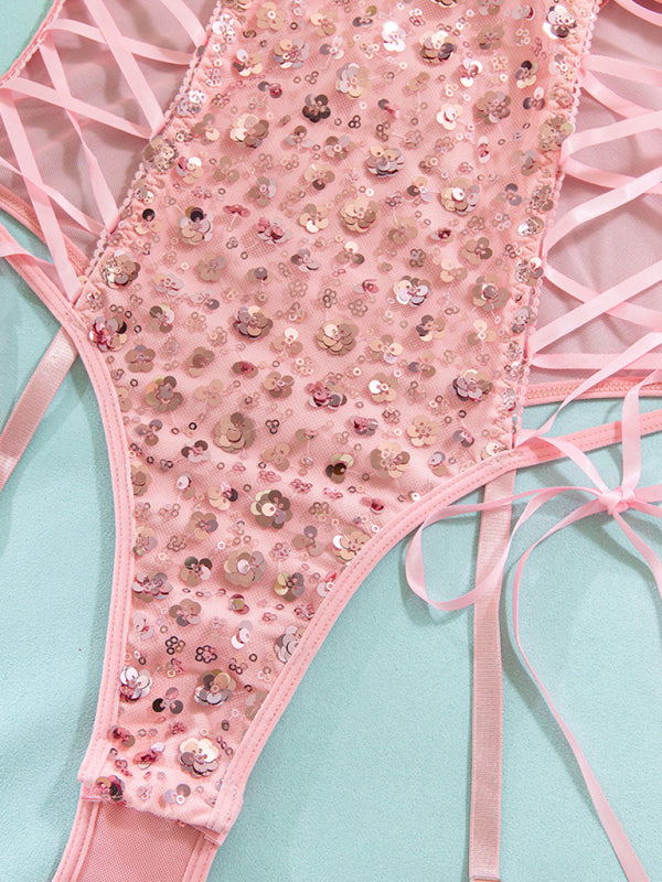 Pink Sequin Butterfly Strap Sexy Jumpsuit