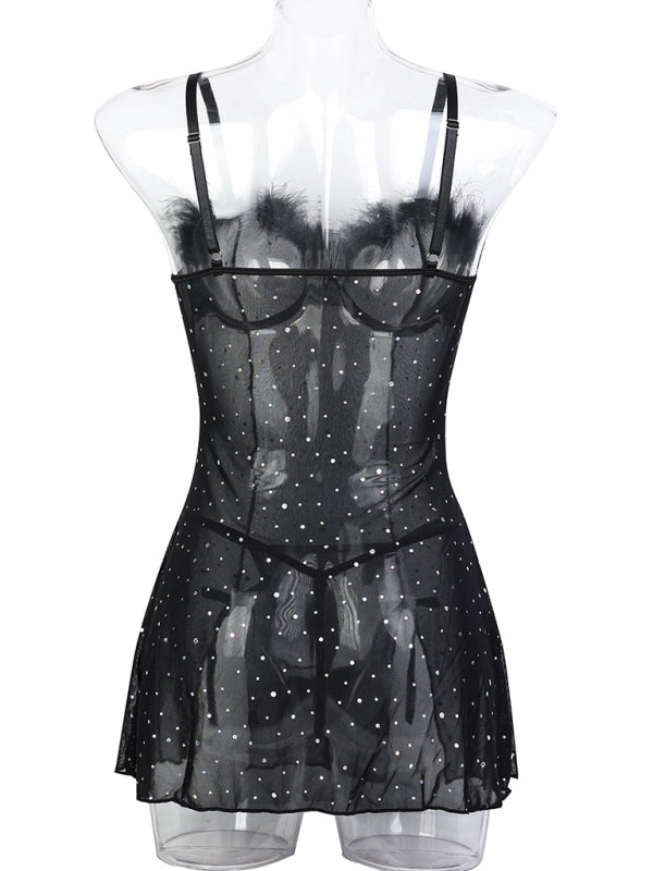 Sheer Mesh Feather Slit Dress Set