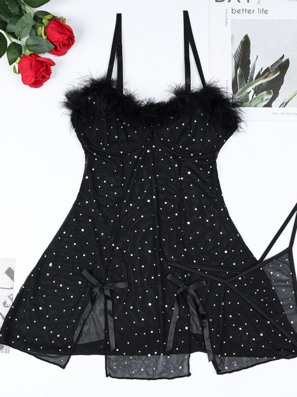 Sheer Mesh Feather Slit Dress Set