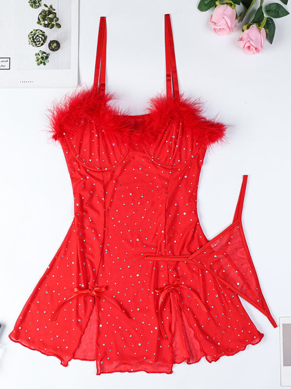 Sheer Mesh Feather Slit Dress Set