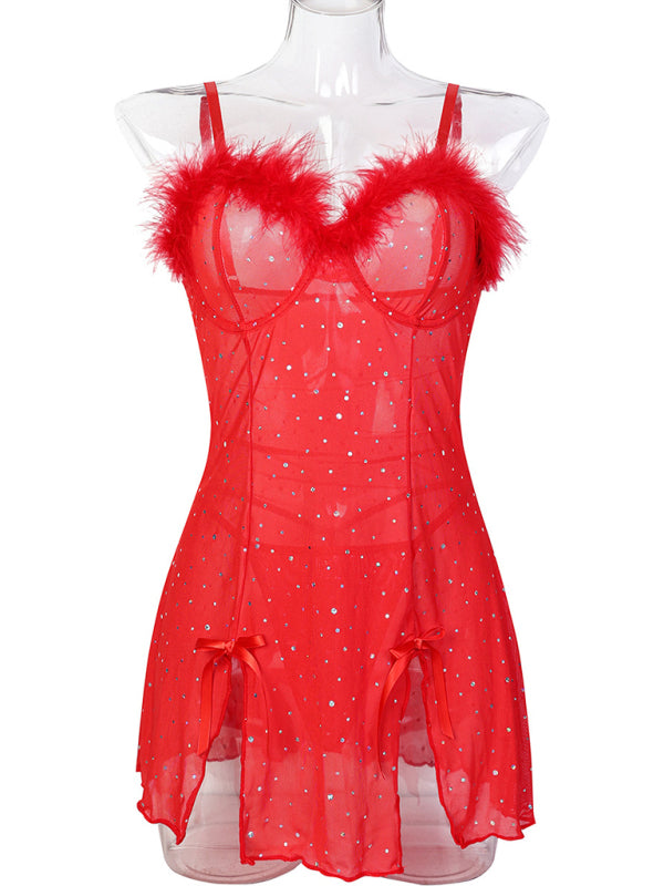 Sheer Mesh Feather Slit Dress Set