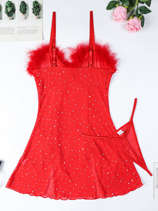 Sheer Mesh Feather Slit Dress Set