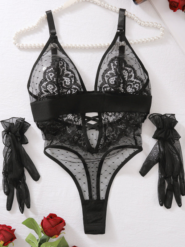 Polka Dot Mesh Lace Splice Lingerie Bodysuit