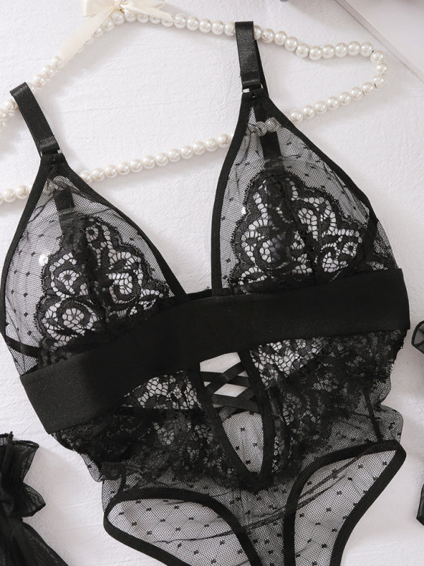 Polka Dot Mesh Lace Splice Lingerie Bodysuit