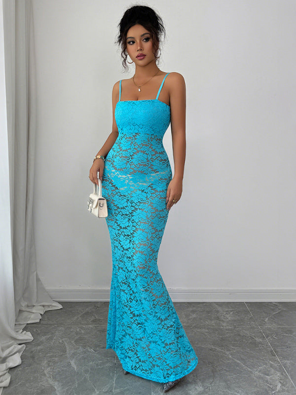 Sexy Hollow Knit Suspender Dress Peacock blue