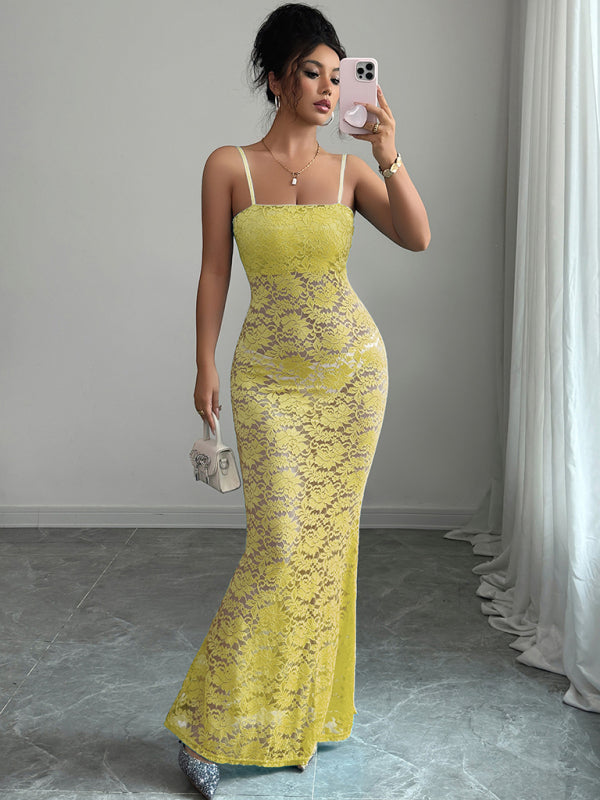 Sexy Hollow Knit Suspender Dress Yellow