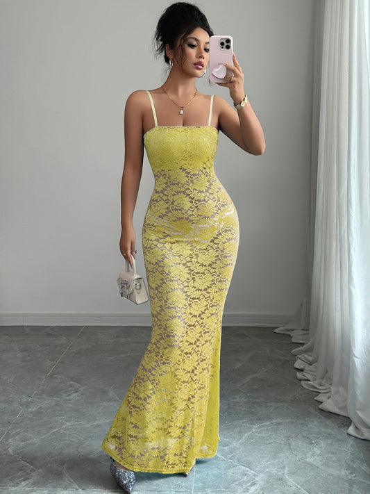 Sexy Hollow Knit Suspender Dress Yellow