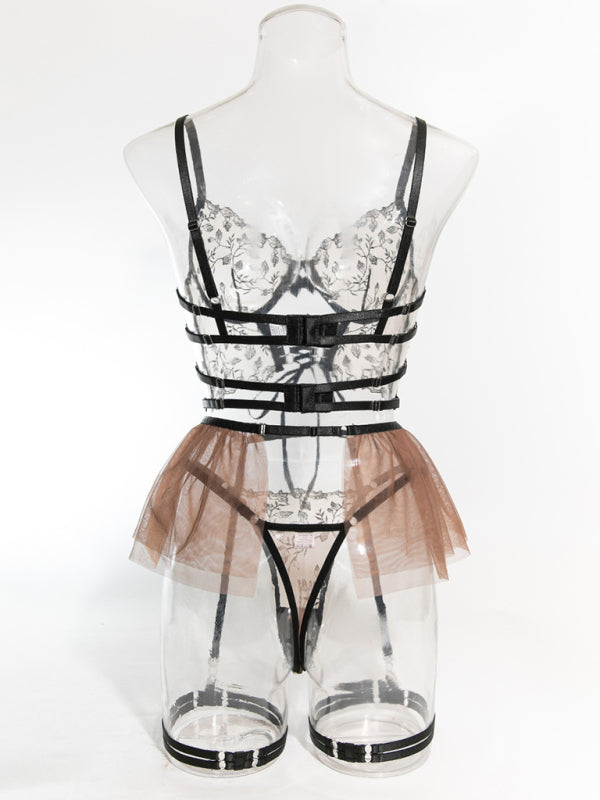 Conjunto de sujetador de malla bordada con encaje y liguero