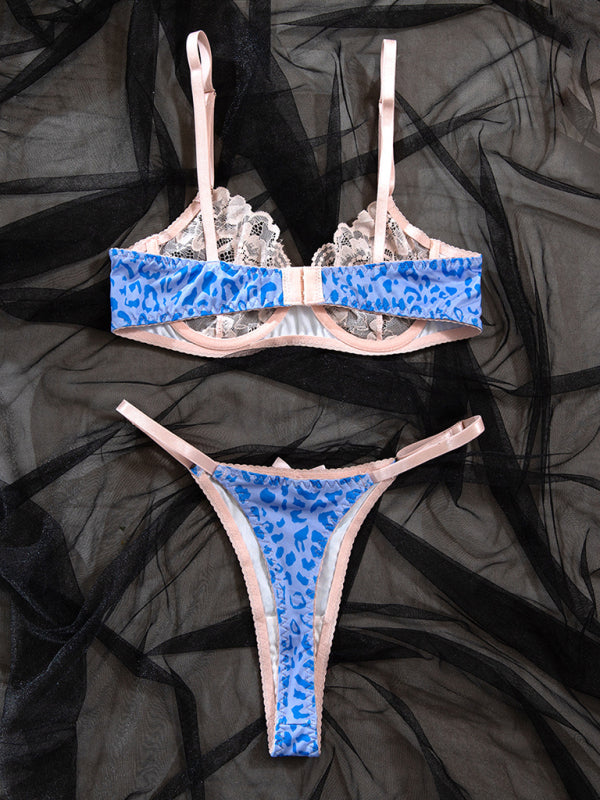 Conjunto de Lingerie em Renda Rosa Claro e Leopardo Azul