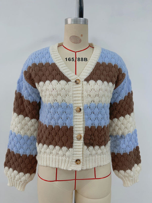 Sweter kardigan z dzianiny z kontrastowym dekoltem w serek