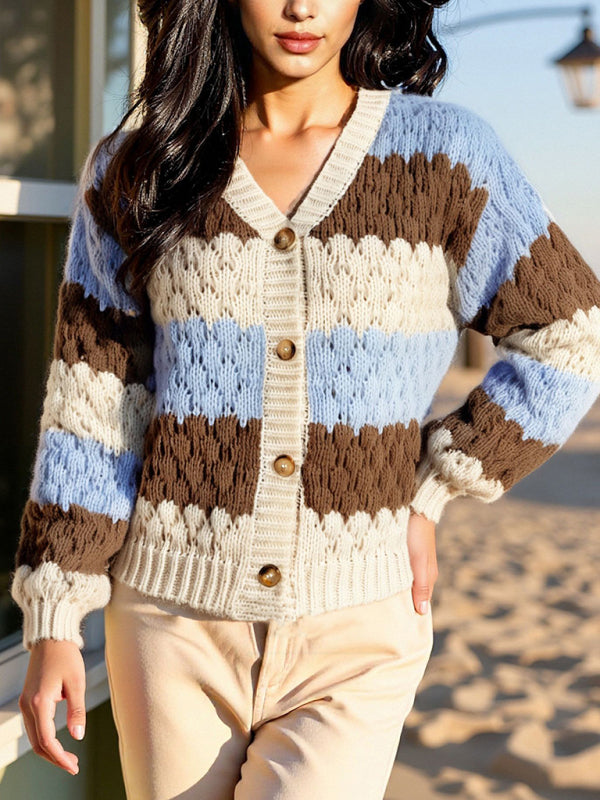 Sweter kardigan z dzianiny z kontrastowym dekoltem w serek