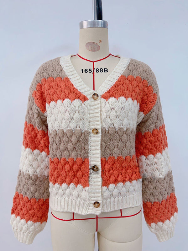 Sweter kardigan z dzianiny z kontrastowym dekoltem w serek