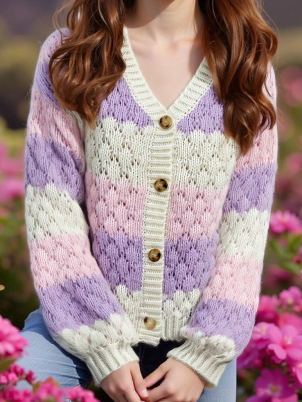 Sweter kardigan z dzianiny z kontrastowym dekoltem w serek