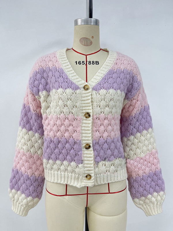 Sweter kardigan z dzianiny z kontrastowym dekoltem w serek