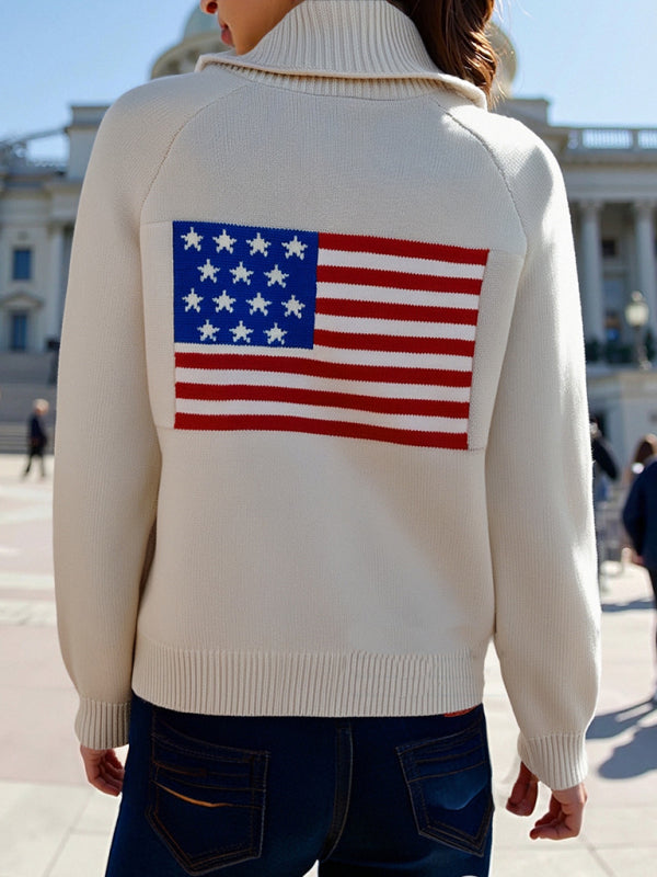 Sweter kardigan z dzianiny z dekoltem w serek i flagą