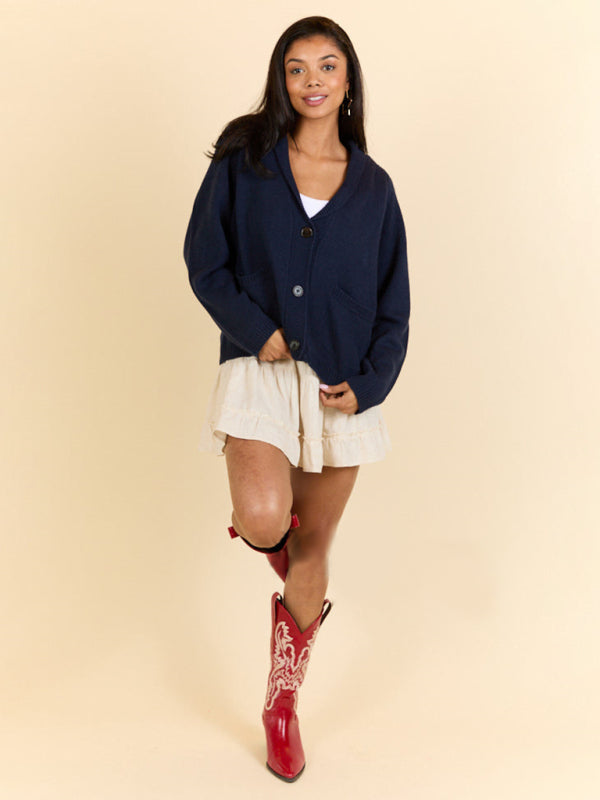 Sweter kardigan z dzianiny z dekoltem w serek i flagą