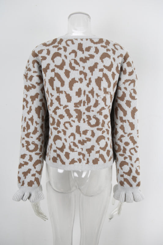 Cardigã Curto de Malha Jacquard Leopardo
