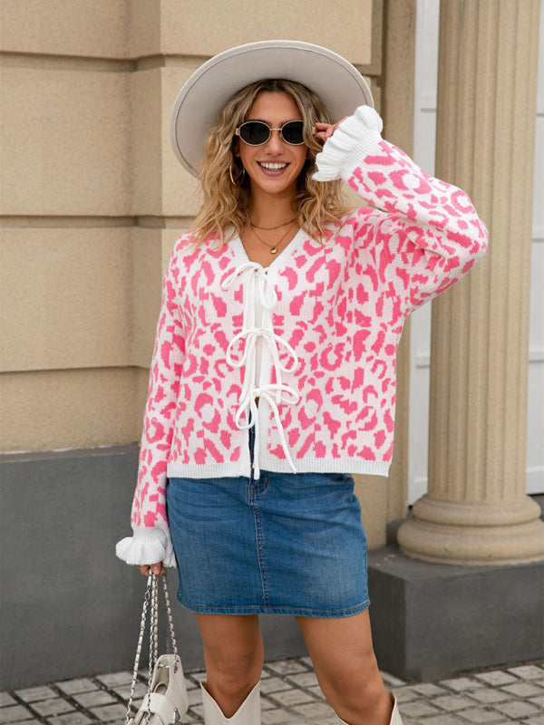 Cardigã Curto de Malha Jacquard Leopardo