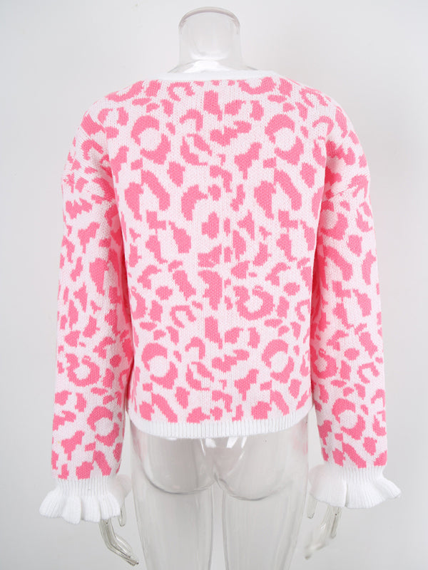 Cardigã Curto de Malha Jacquard Leopardo