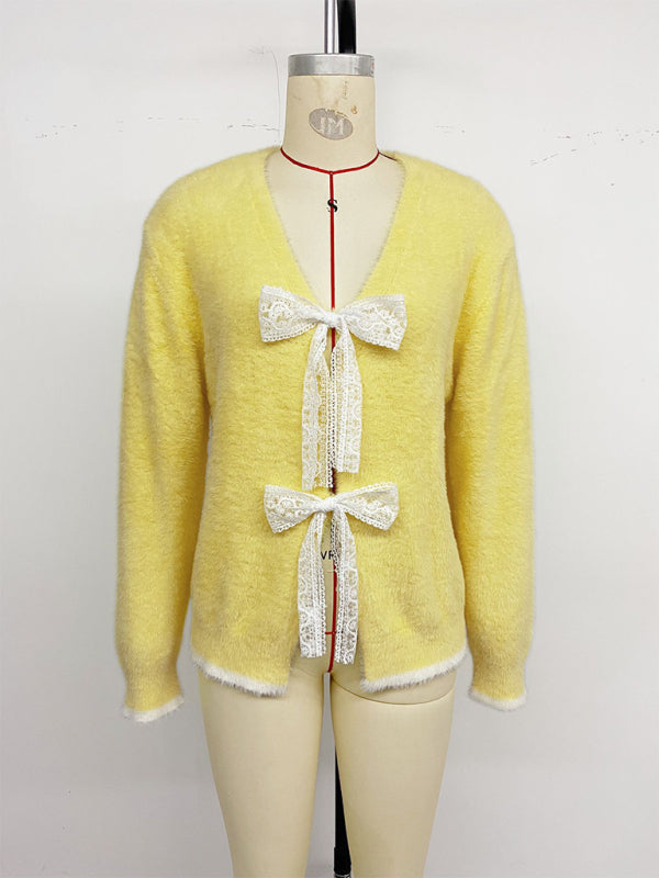 Cardigã de malha com decote em V e detalhe de laço em blocos de cor