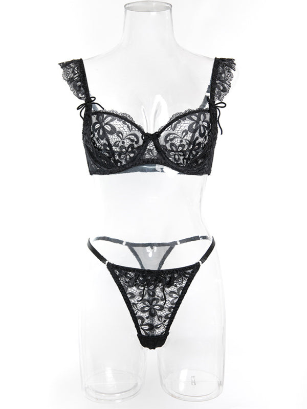 Spitzen-Dessous-Set mit Schleife und Rüschensäumen