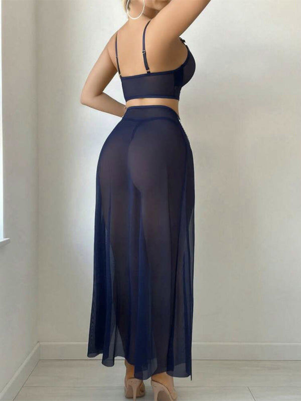 Conjunto de Lingerie em Malha com Saia de Corrente de Pérolas