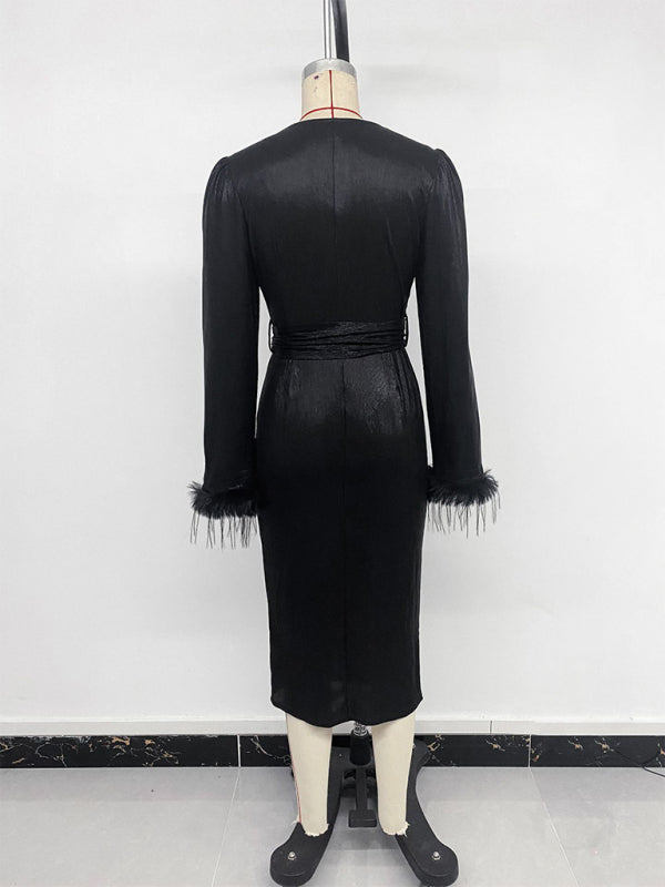 فستان حفلة رجعي برقبة على شكل V وشق