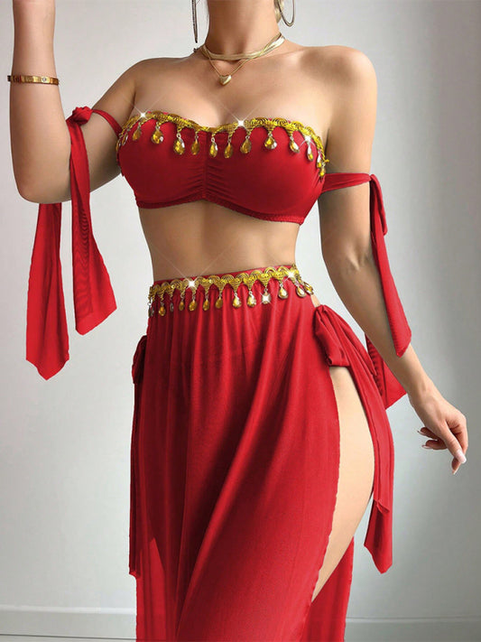 Mesh Gold Leaf Tassel Bra & Skirt Set