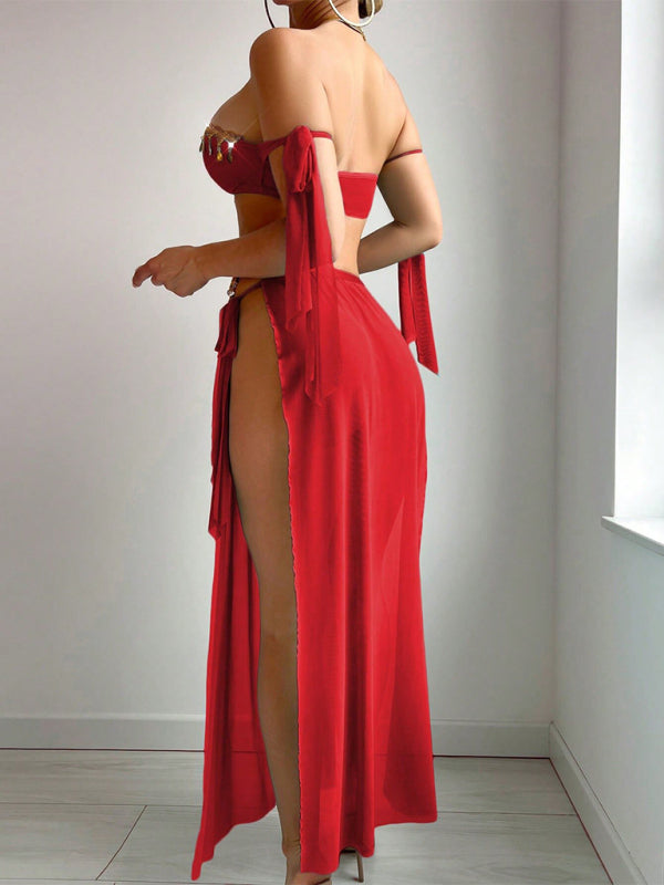 Mesh Gold Leaf Tassel Bra & Skirt Set