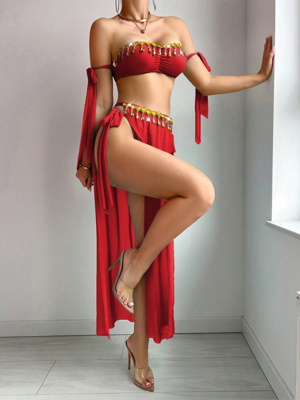 Mesh Gold Leaf Tassel Bra & Skirt Set