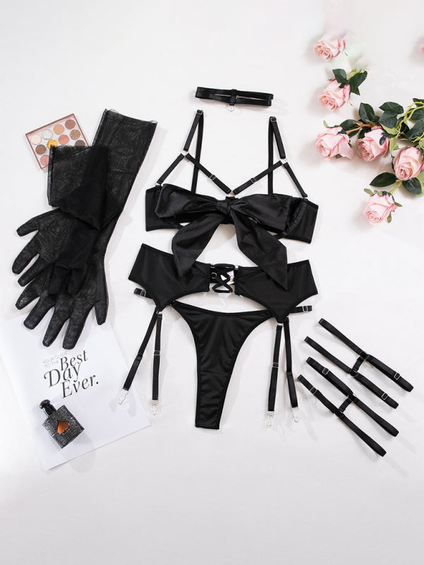 Chic Lingerie Set with Bow and Leg Rings