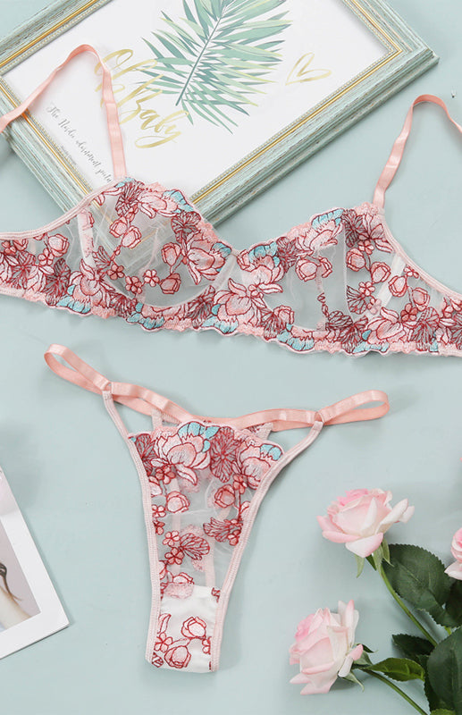 Conjunto de Lingerie em Malha Floral com Alças de Suspensão