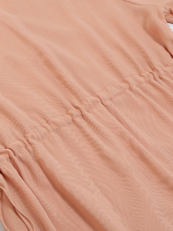 Maternity Button-Down Short Sleeve Dress with Drawstring Waist – Pink