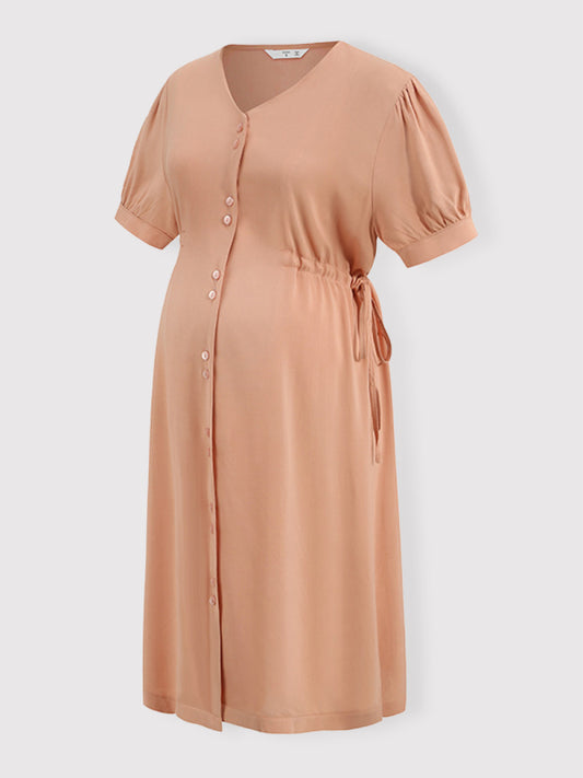 Maternity Button-Down Short Sleeve Dress with Drawstring Waist – Pink