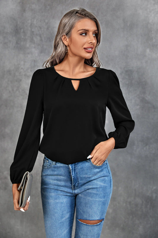 Solid Casual Gathered Long Sleeve Shirt