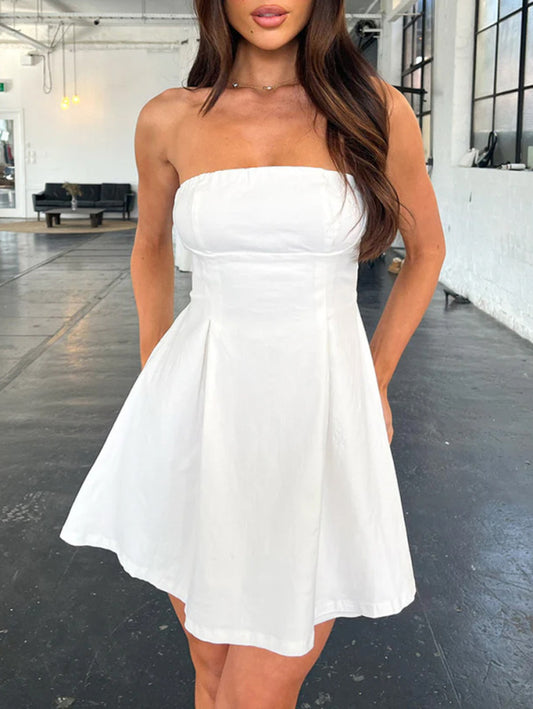 Romantic Strapless Waist-Tube Mini Evening Dress – Solid Woven Polyester