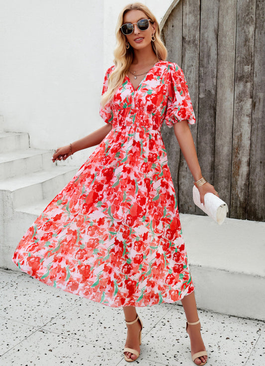 Elegant Floral V-Neck Maxi Dress with Defined Waist – Spring Summer Style
