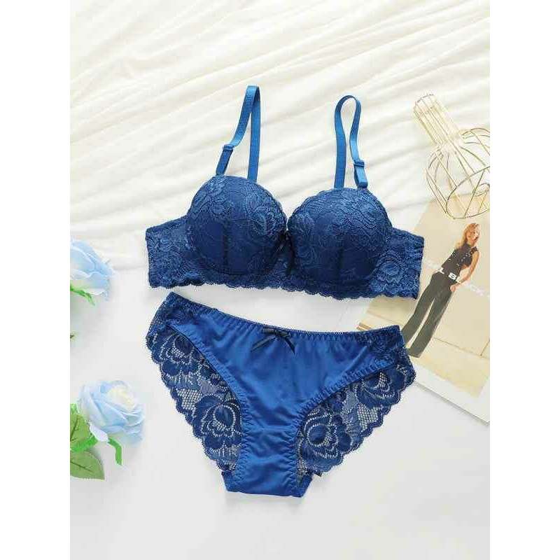 Smiling Maria lace bra and panty set in deep blue with floral lace detailing and adjustable straps