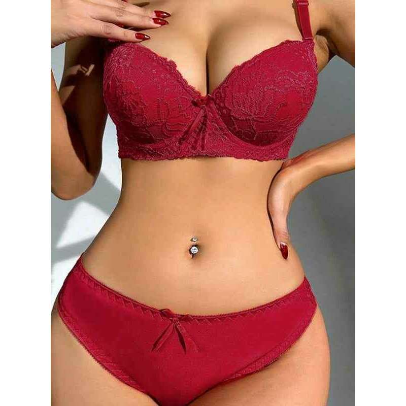 Smiling Maria Lace Bra and Panty Set in Deep Red with Elegant Lace Detail and Adjustable Straps