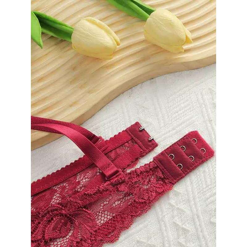 Smiling Maria Lace Bra and Panty Set in burgundy with floral lace detailing and adjustable straps