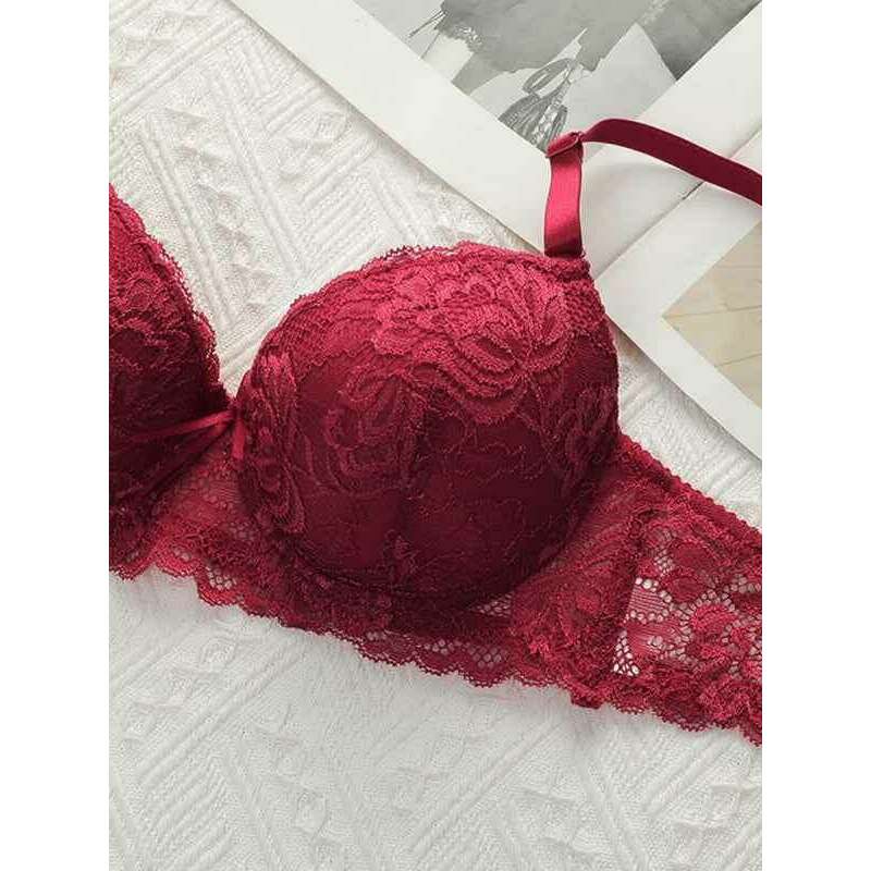 Smiling Maria lace bra and panty set in deep red with floral lace detailing and adjustable straps