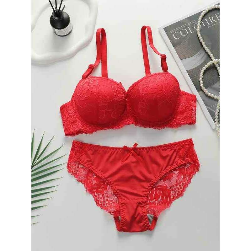 Red lace bra and panty set from Smiling Maria with intricate floral lace detailing