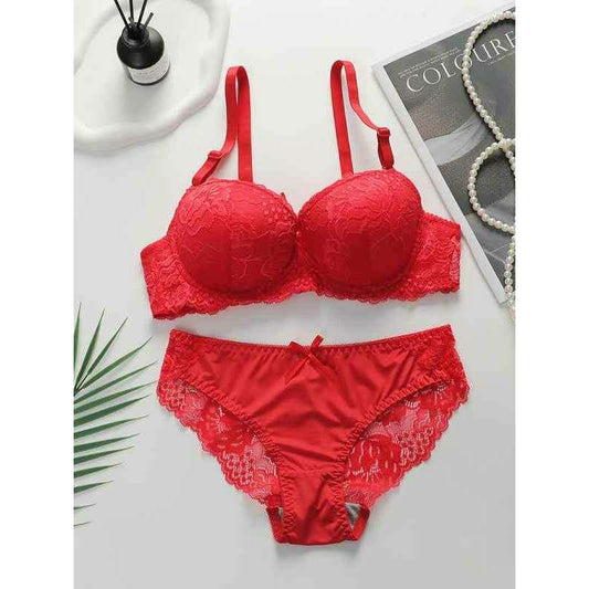 Red lace bra and panty set from Smiling Maria with intricate floral lace detailing