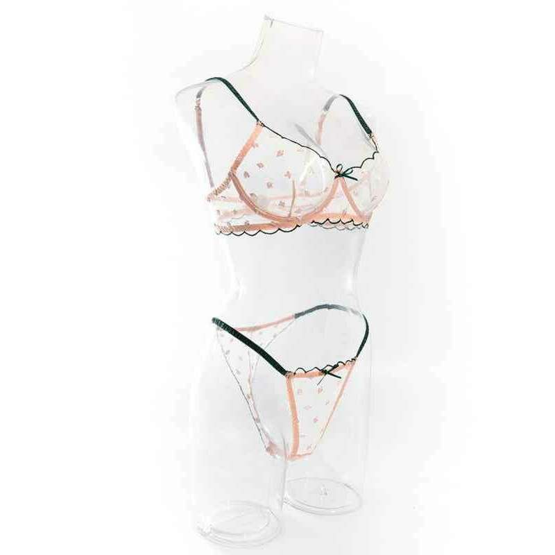 Smiling Maria lace bra and panty set in peach with floral design and scalloped edges for women
