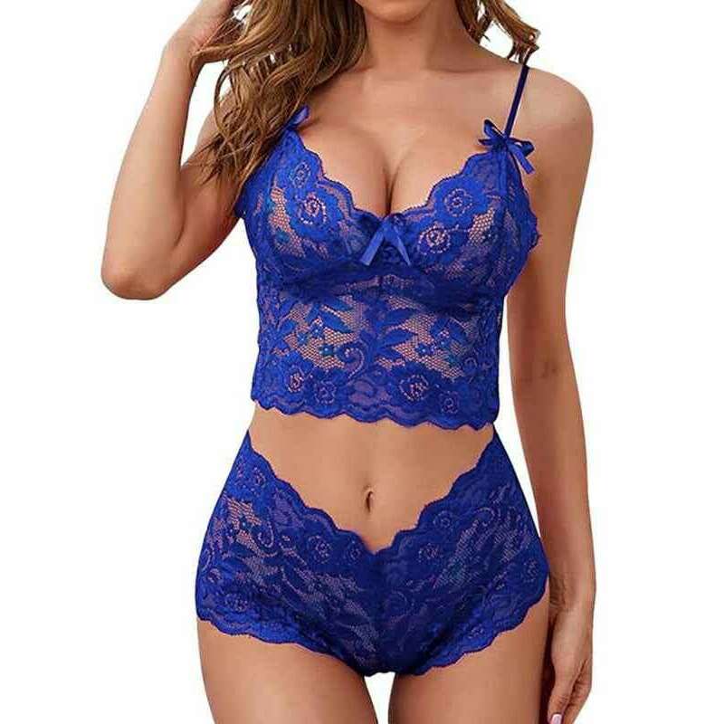 Smiling Maria lace lingerie set for women in blue with delicate floral designs and adjustable straps