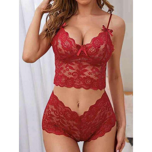 Smiling Maria lace lingerie set for women in red with delicate lace details and bow accents