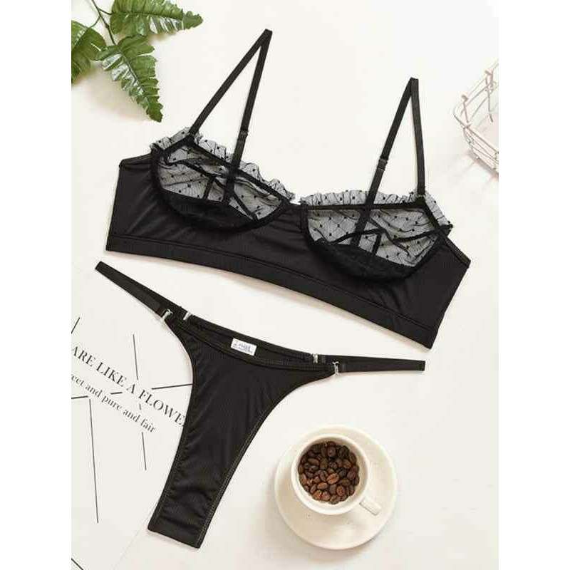 Smiling Maria lace mesh camisole lingerie set in black featuring delicate ruffle trim and matching thong.