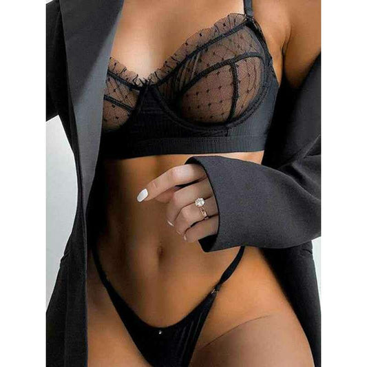 Smiling Maria lace mesh camisole lingerie set featuring a stylish bra and thong with a chic black jacket