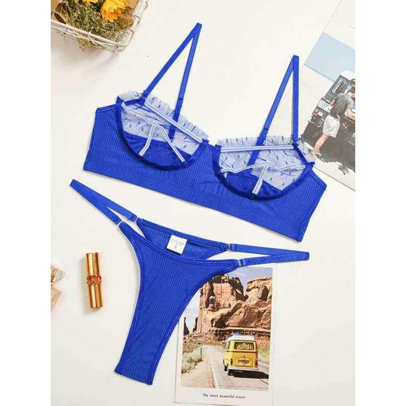 Smiling Maria Lace Mesh Camisole Lingerie Set in Royal Blue with Adjustable Straps and Ruffled Design